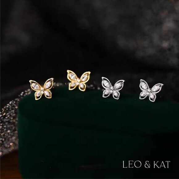 Zircon Butterfly Stud Earrings in Gold and Silver. 925 Sterling Silver. #1031 - Picture 2 of 5